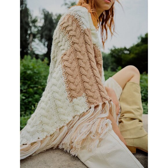 NEW Free People Revelry Cable Fringe Poncho Sweater Top Neutral OS Rare Bohemian - Picture 4 of 15